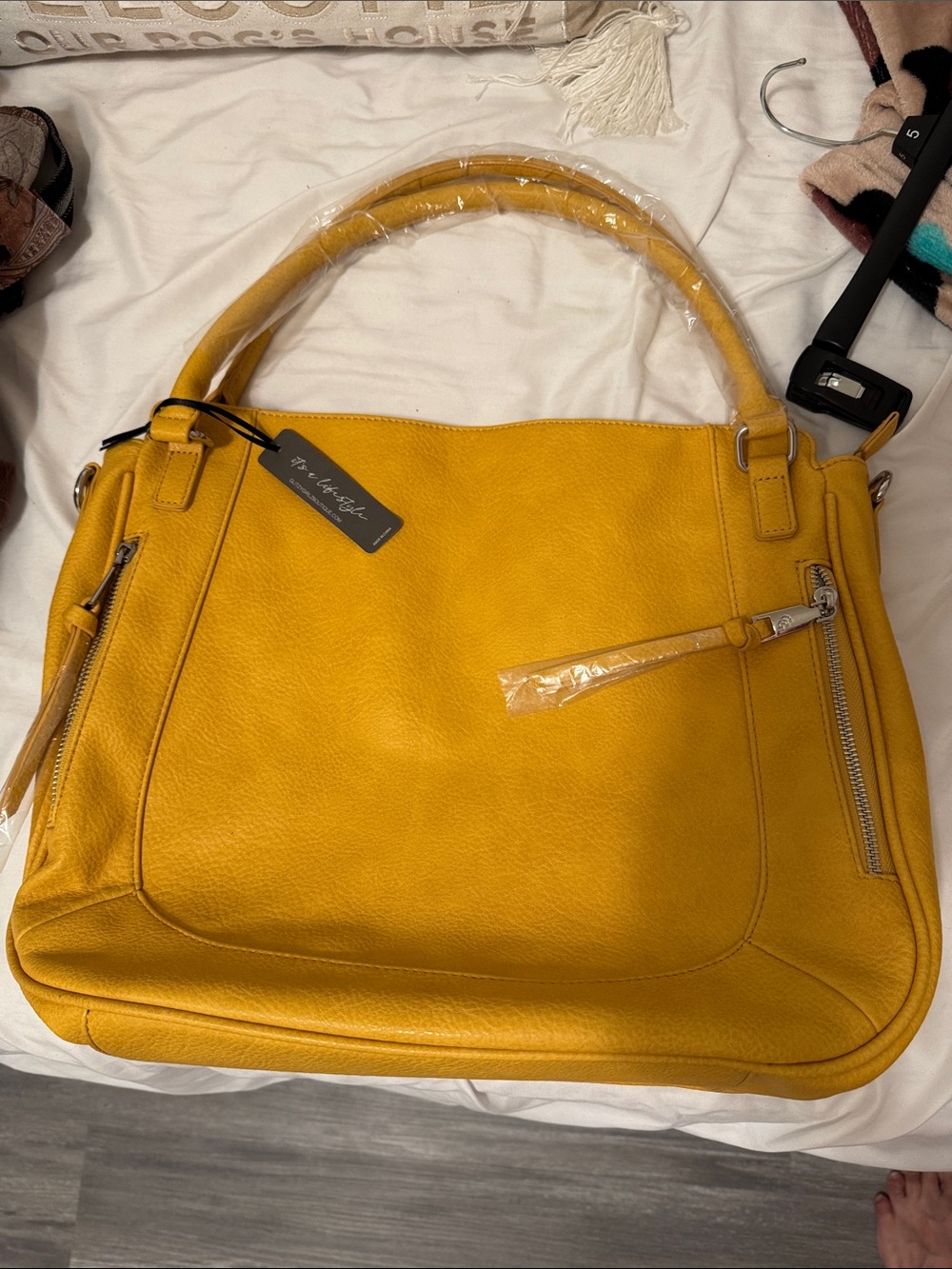 Mustard Yellow Leather Tote with Front Zippers.